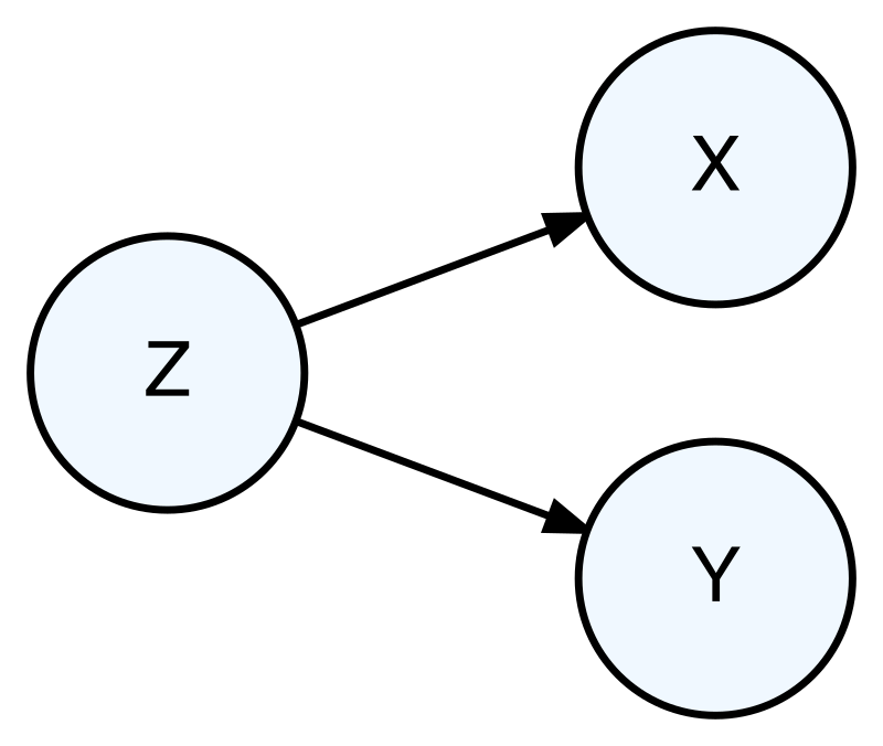 Directed acyclic graph is shown with circles labelled X, Y, and Z. There is an arrow going from Z to Y and a separate arrow going from Z to X.